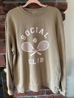 Social Club Beige Crewneck Sweater with Pink Tennis Graphic
